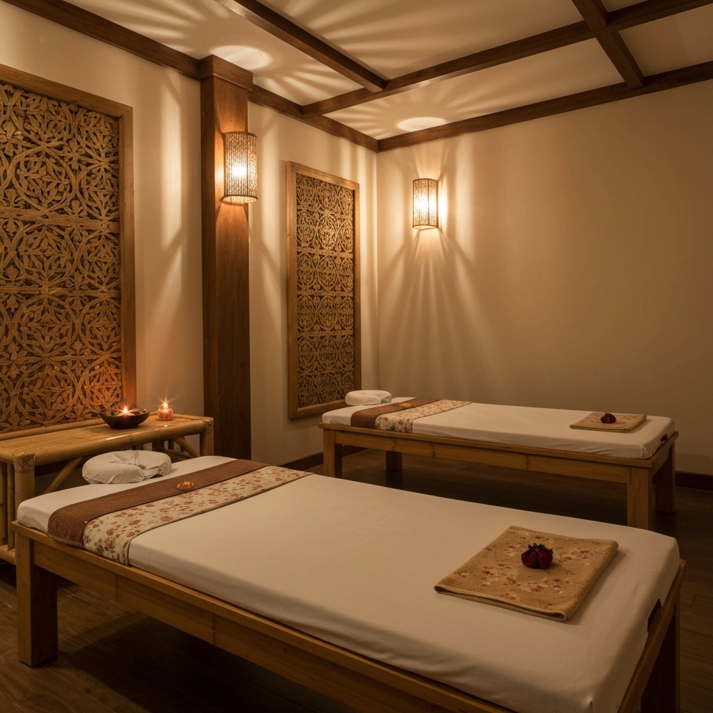 Traditional Thai massage room with dim lighting